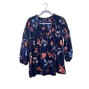 Ana Womens' Blue 3/4 Sleeve floral detail blouse size Large
